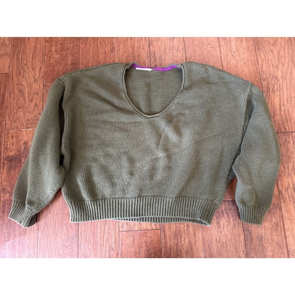 Free People Sweaters - Free People Olive Green Purple Cotton Chunky Knit Sweater Large Garter Stitch